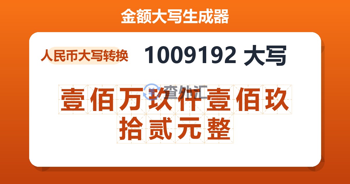 1009192大写 壹佰万玖仟壹佰玖拾贰元整