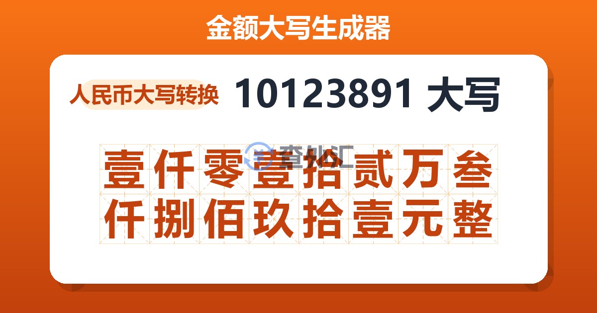 10123891大写 壹仟零壹拾贰万叁仟捌佰玖拾壹元整