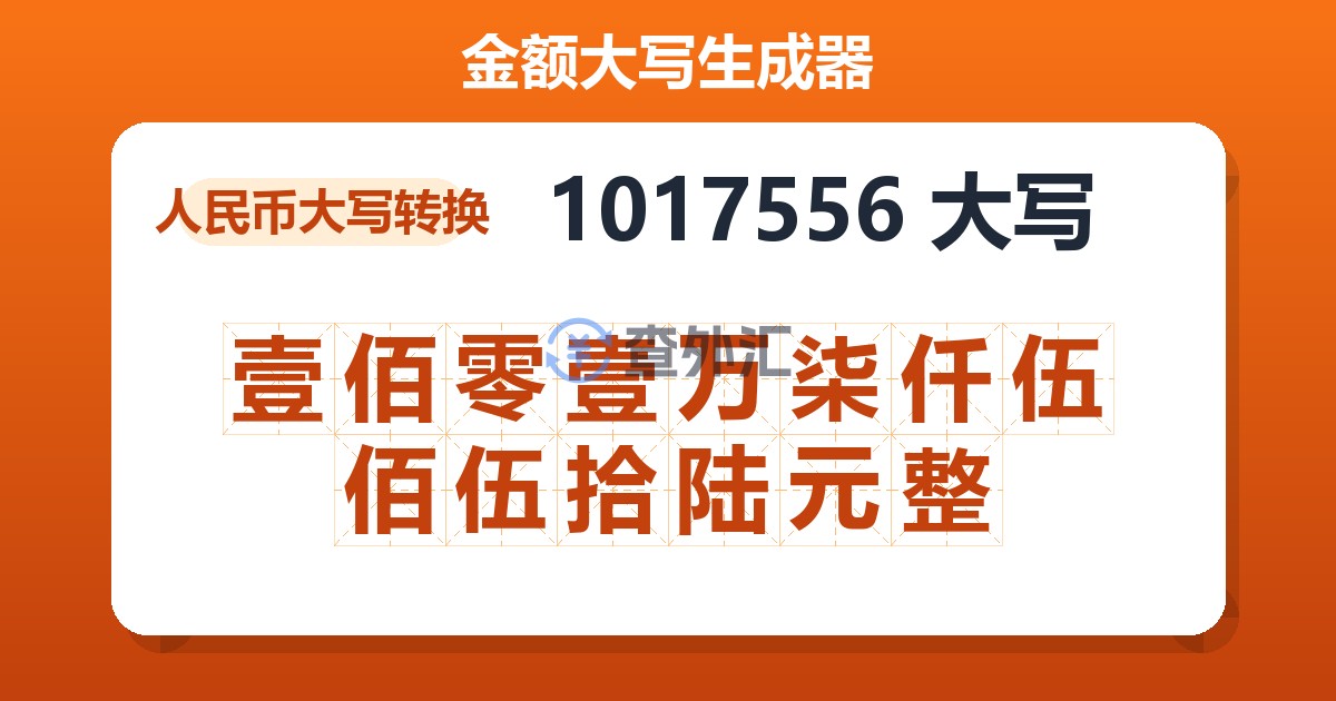 1017556大写 壹佰零壹万柒仟伍佰伍拾陆元整