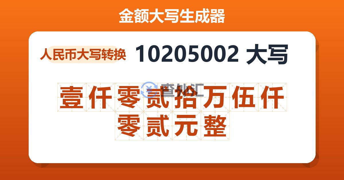 10205002大写 壹仟零贰拾万伍仟零贰元整