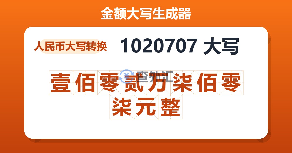 1020707大写 壹佰零贰万柒佰零柒元整