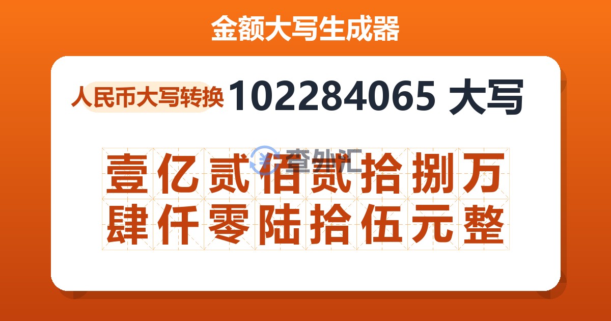 102284065大写 壹亿贰佰贰拾捌万肆仟零陆拾伍元整