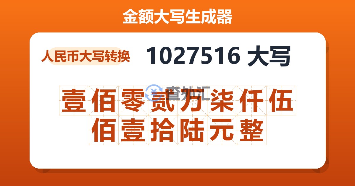 1027516大写 壹佰零贰万柒仟伍佰壹拾陆元整