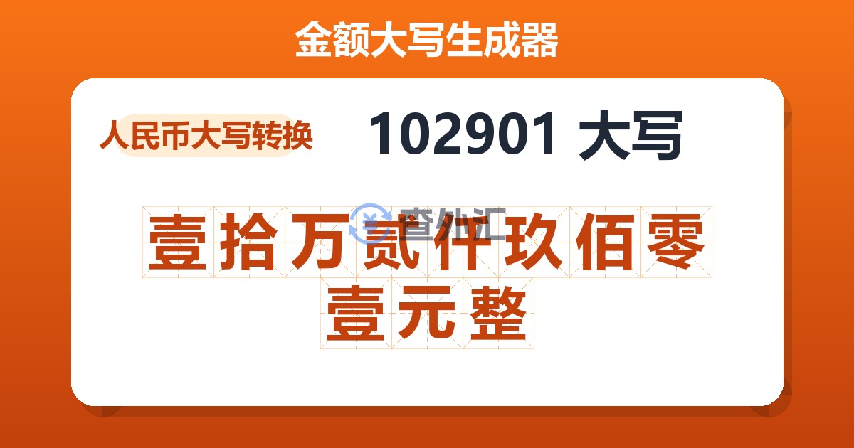 102901大写 壹拾万贰仟玖佰零壹元整