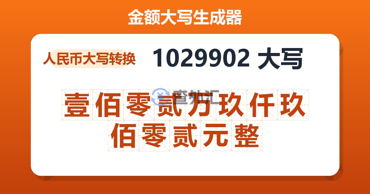 1029902大写 壹佰零贰万玖仟玖佰零贰元整