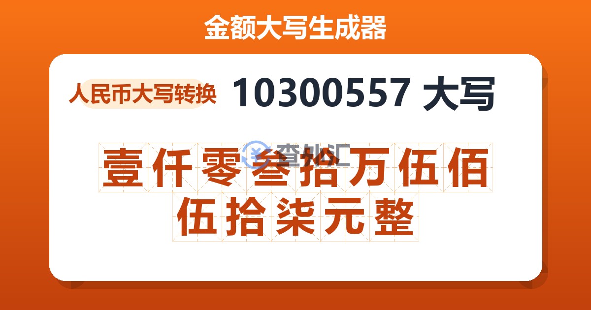 10300557大写 壹仟零叁拾万伍佰伍拾柒元整