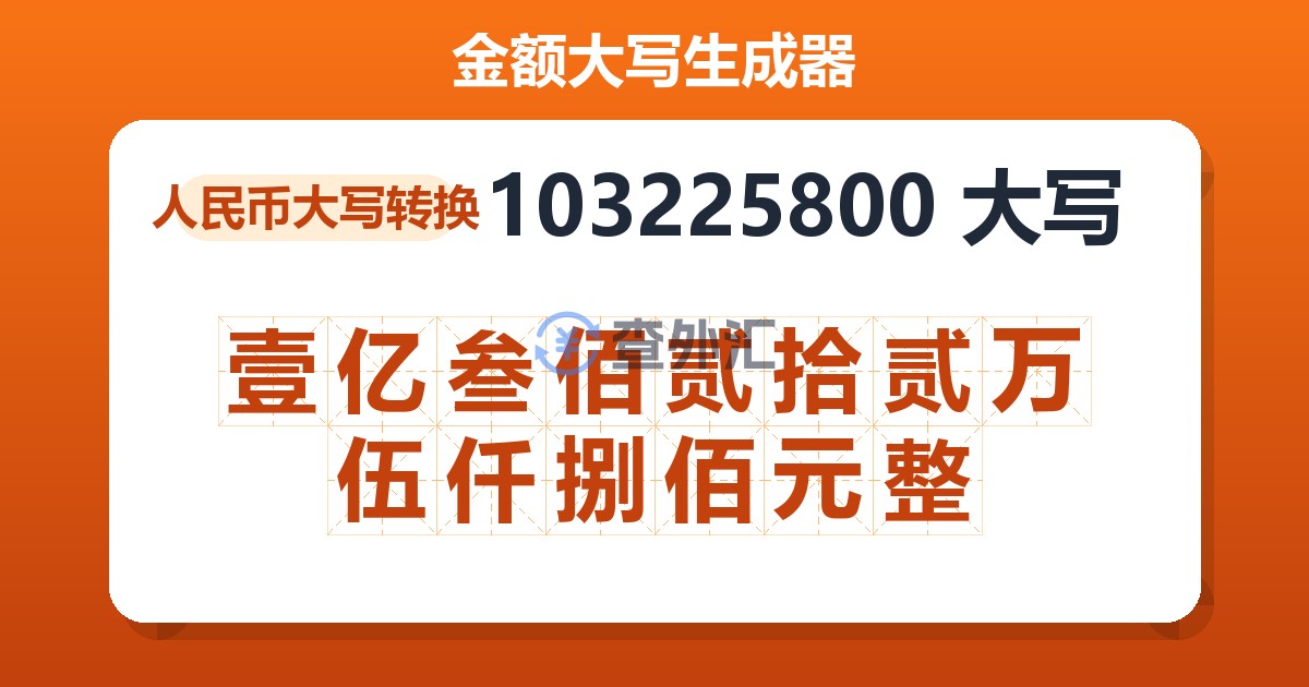103225800大写 壹亿叁佰贰拾贰万伍仟捌佰元整