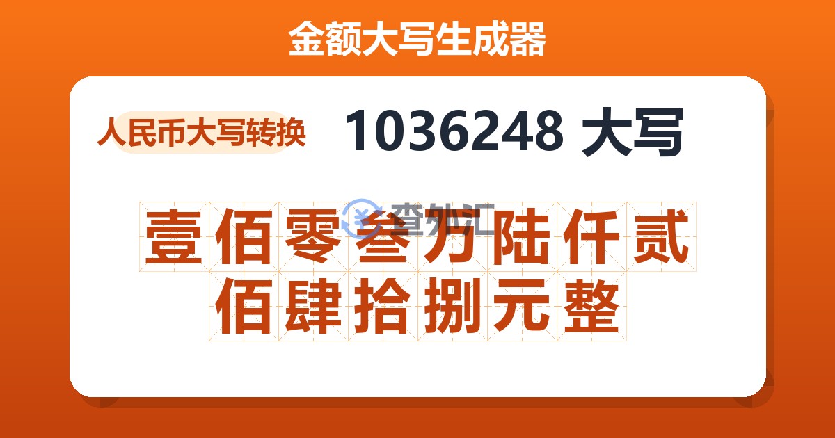 1036248大写 壹佰零叁万陆仟贰佰肆拾捌元整