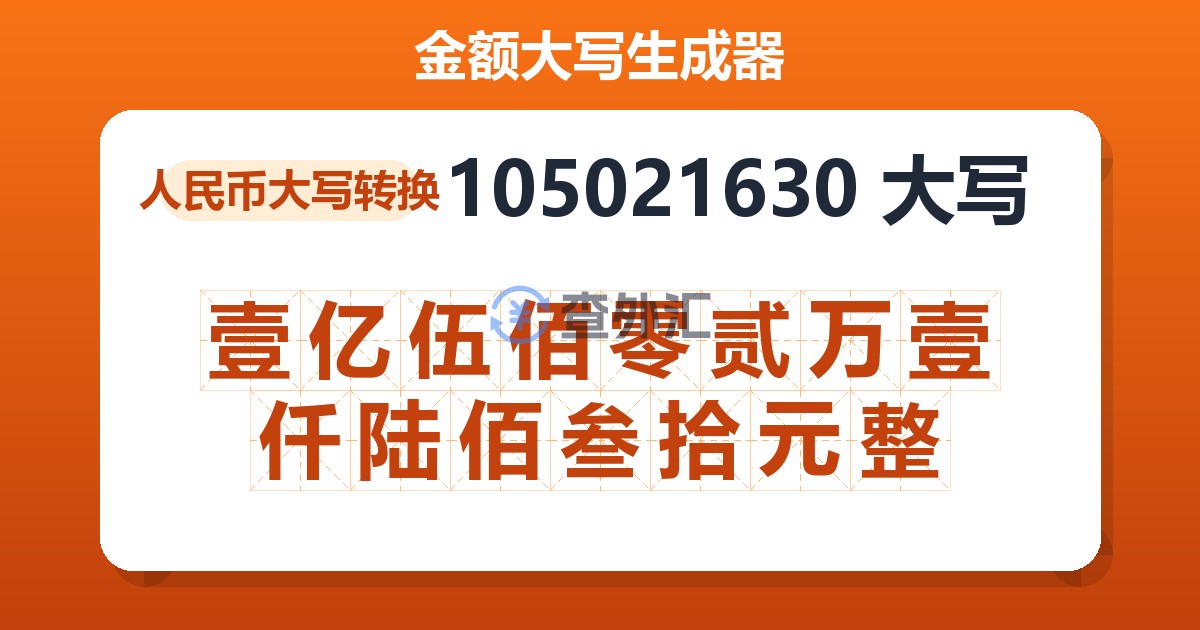 105021630大写 壹亿伍佰零贰万壹仟陆佰叁拾元整