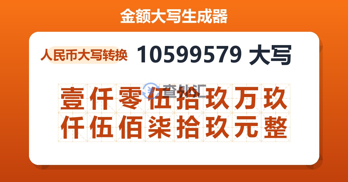 10599579大写 壹仟零伍拾玖万玖仟伍佰柒拾玖元整