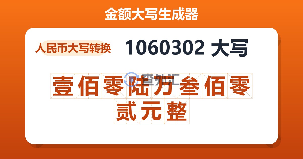 1060302大写 壹佰零陆万叁佰零贰元整