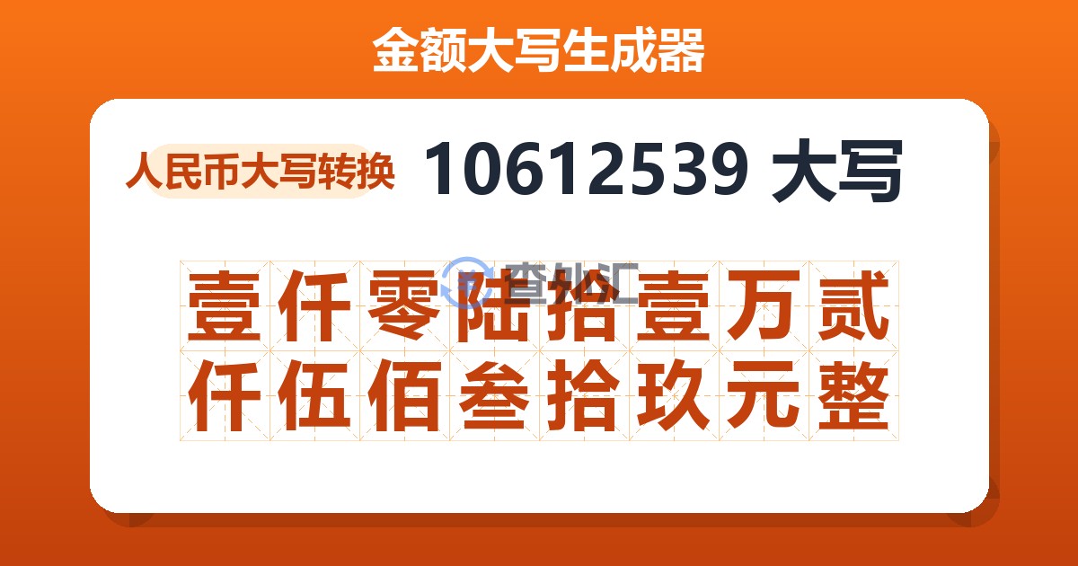 10612539大写 壹仟零陆拾壹万贰仟伍佰叁拾玖元整