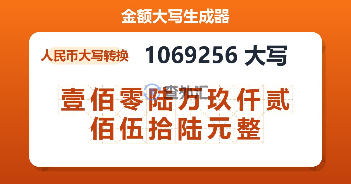 1069256大写 壹佰零陆万玖仟贰佰伍拾陆元整