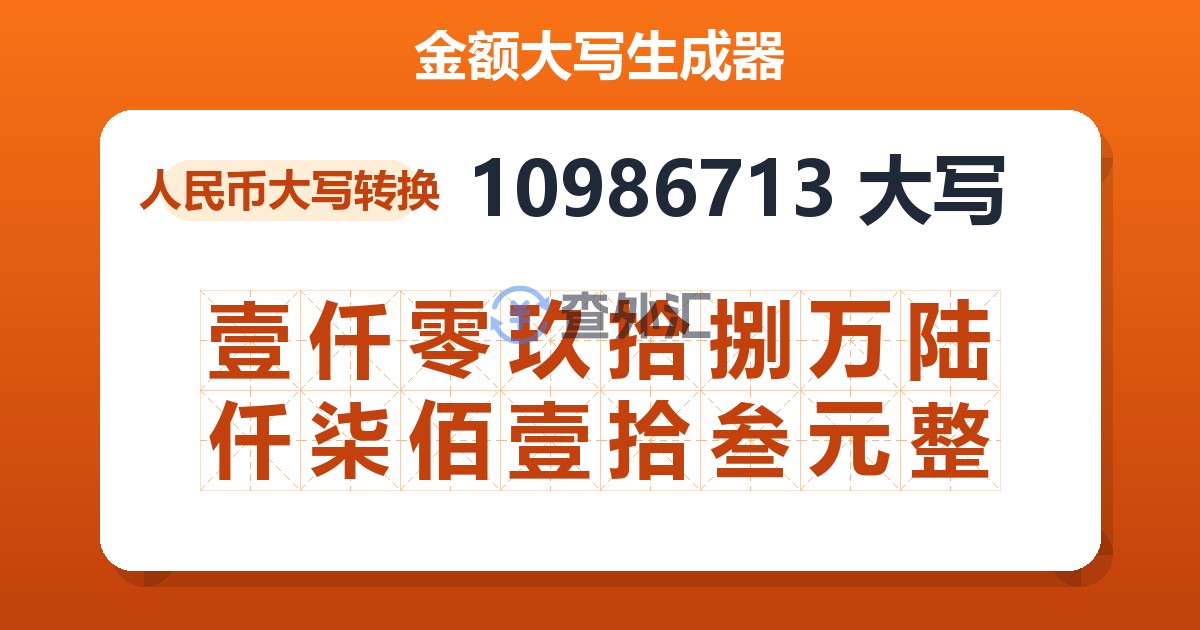 10986713大写 壹仟零玖拾捌万陆仟柒佰壹拾叁元整