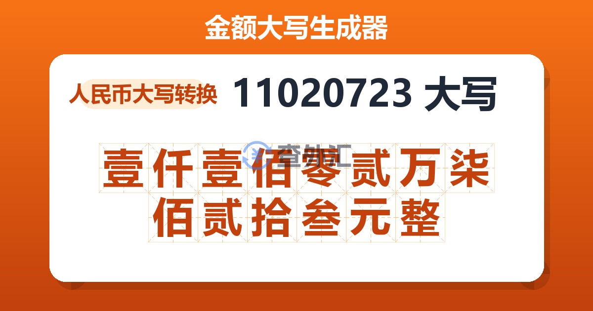 11020723大写 壹仟壹佰零贰万柒佰贰拾叁元整
