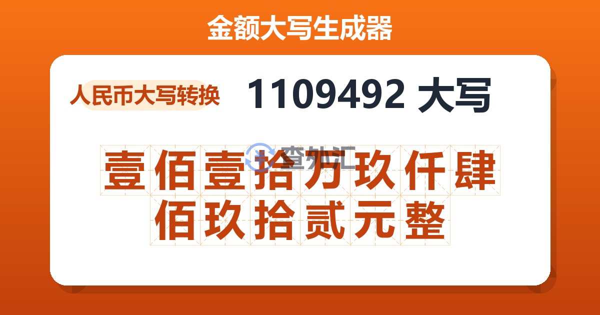 1109492大写 壹佰壹拾万玖仟肆佰玖拾贰元整