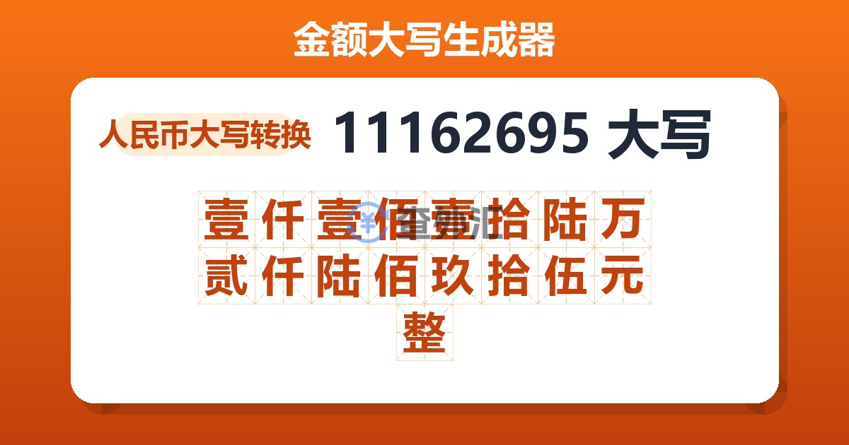 11162695大写 壹仟壹佰壹拾陆万贰仟陆佰玖拾伍元整
