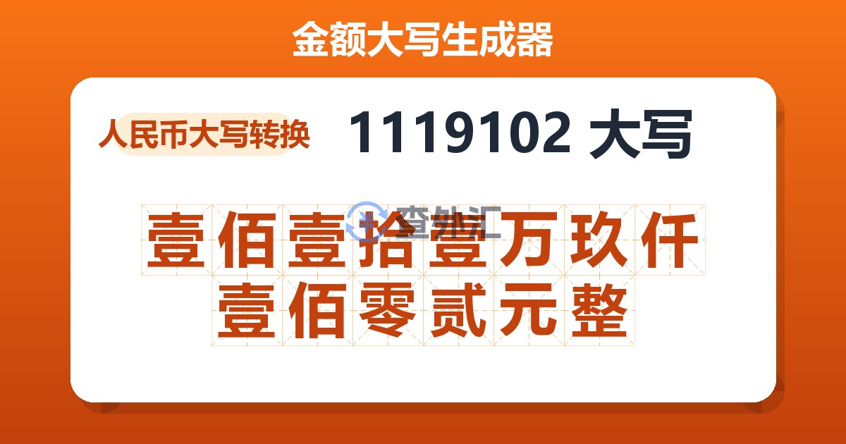 1119102大写 壹佰壹拾壹万玖仟壹佰零贰元整