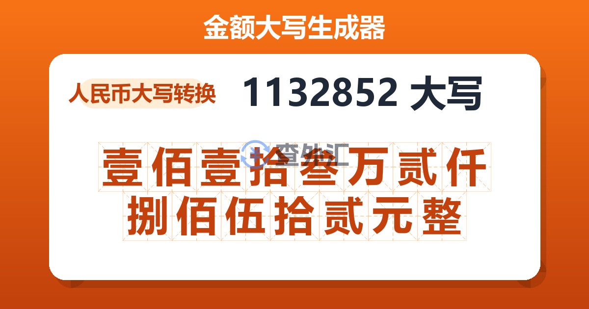 1132852大写 壹佰壹拾叁万贰仟捌佰伍拾贰元整