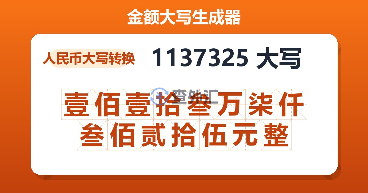 1137325大写 壹佰壹拾叁万柒仟叁佰贰拾伍元整