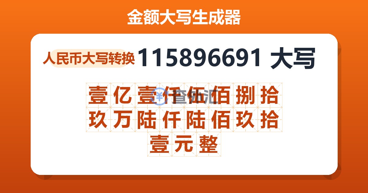 115896691大写 壹亿壹仟伍佰捌拾玖万陆仟陆佰玖拾壹元整