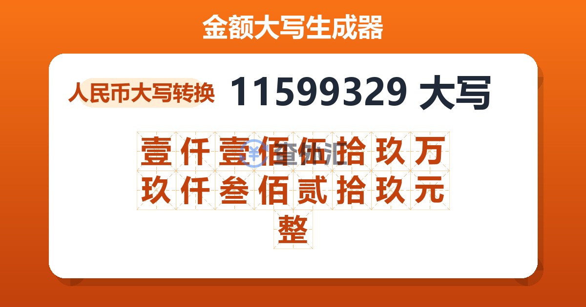 11599329大写 壹仟壹佰伍拾玖万玖仟叁佰贰拾玖元整
