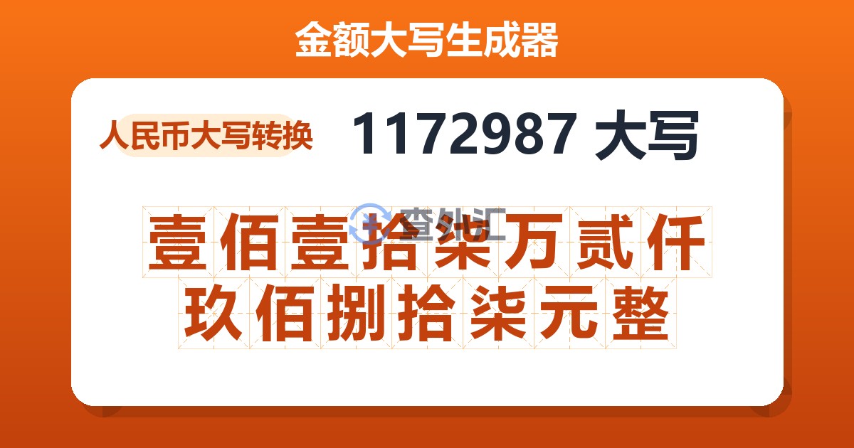 1172987大写 壹佰壹拾柒万贰仟玖佰捌拾柒元整