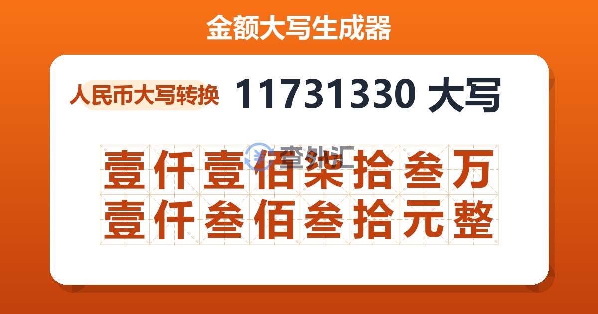 11731330大写 壹仟壹佰柒拾叁万壹仟叁佰叁拾元整