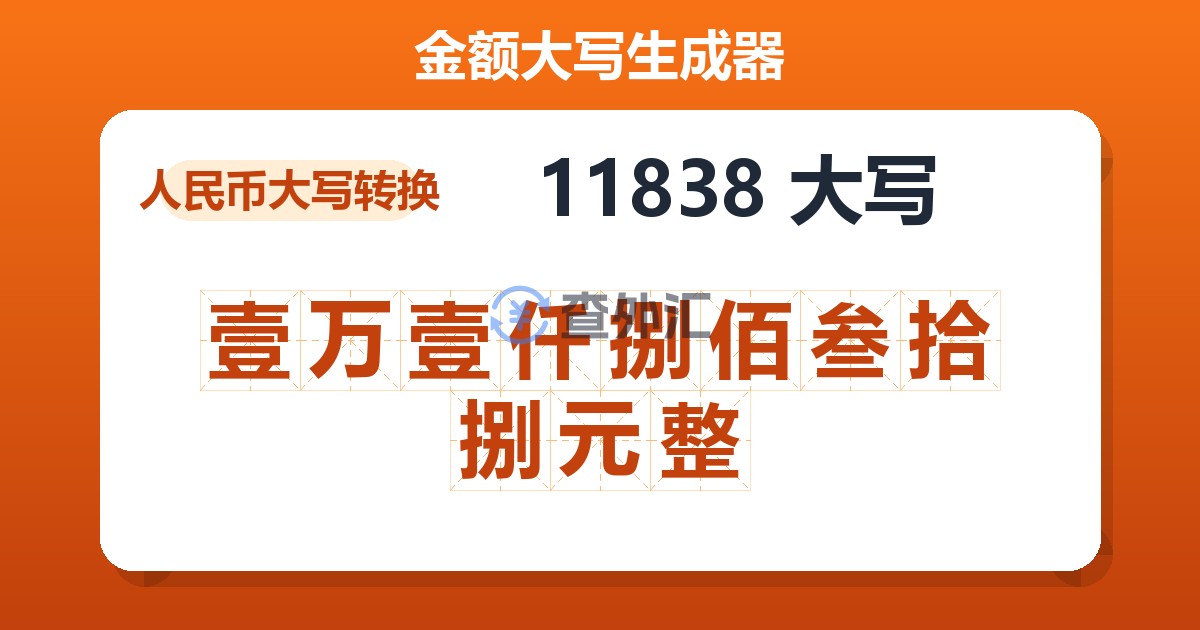 11838大写 壹万壹仟捌佰叁拾捌元整