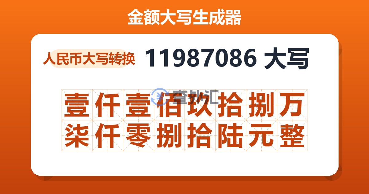 11987086大写 壹仟壹佰玖拾捌万柒仟零捌拾陆元整