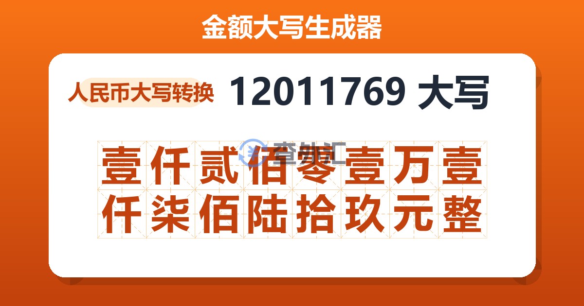 12011769大写 壹仟贰佰零壹万壹仟柒佰陆拾玖元整