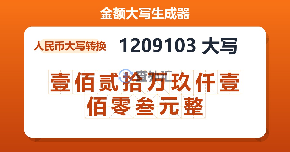 1209103大写 壹佰贰拾万玖仟壹佰零叁元整