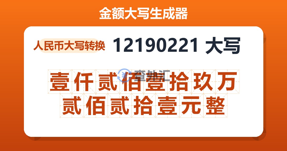 12190221大写 壹仟贰佰壹拾玖万贰佰贰拾壹元整