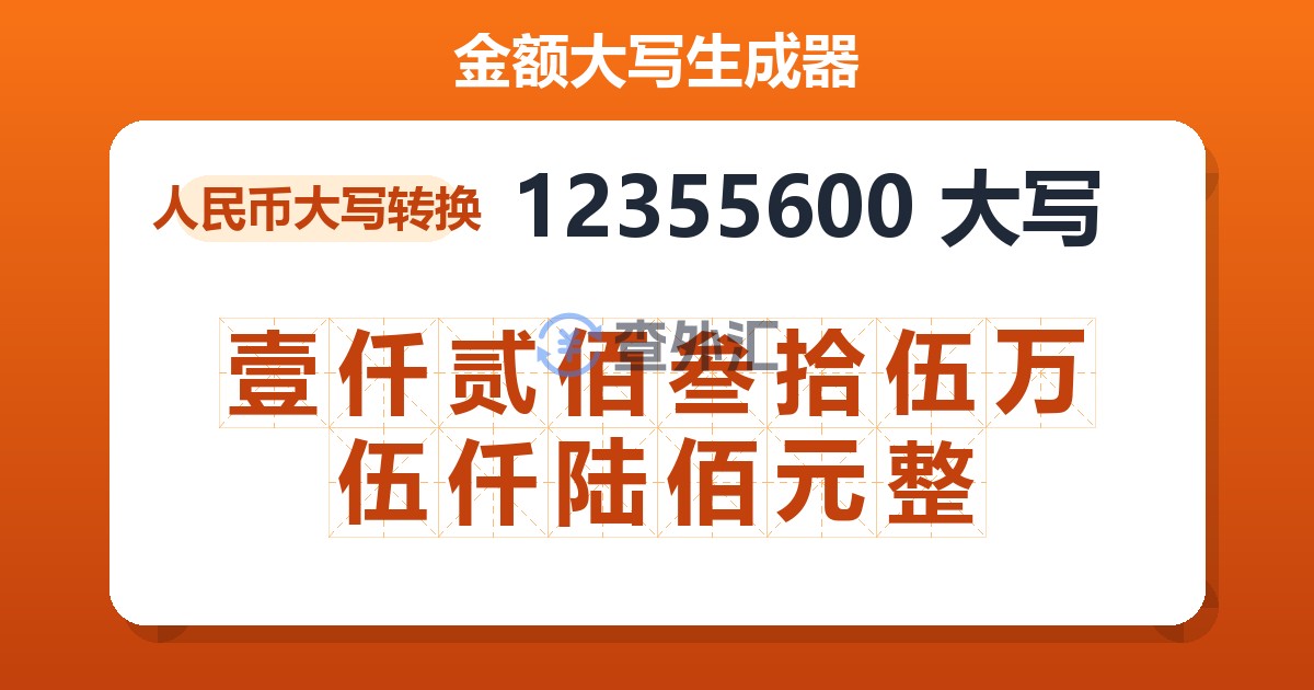 12355600大写 壹仟贰佰叁拾伍万伍仟陆佰元整