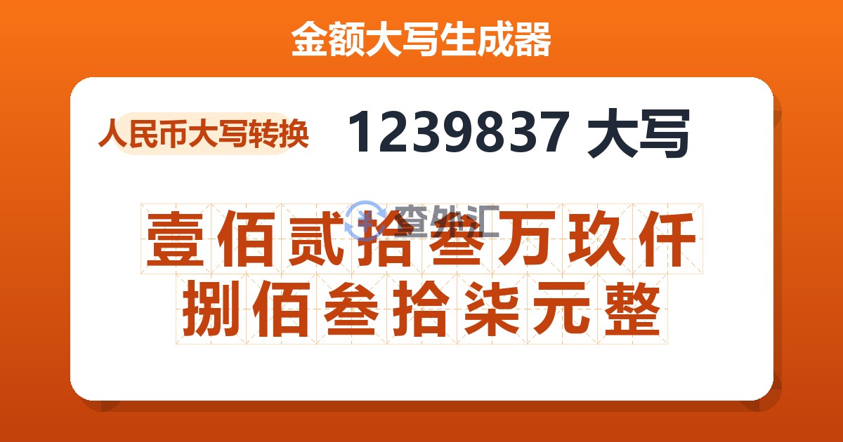 1239837大写 壹佰贰拾叁万玖仟捌佰叁拾柒元整