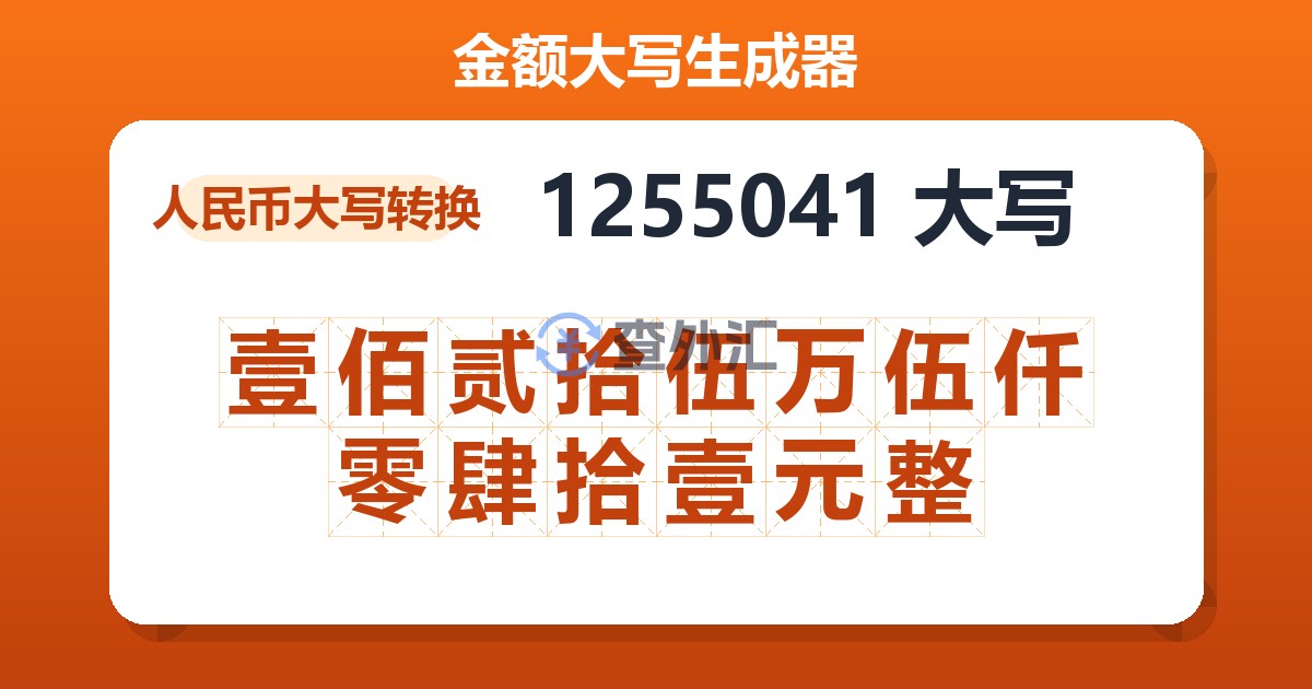 1255041大写 壹佰贰拾伍万伍仟零肆拾壹元整