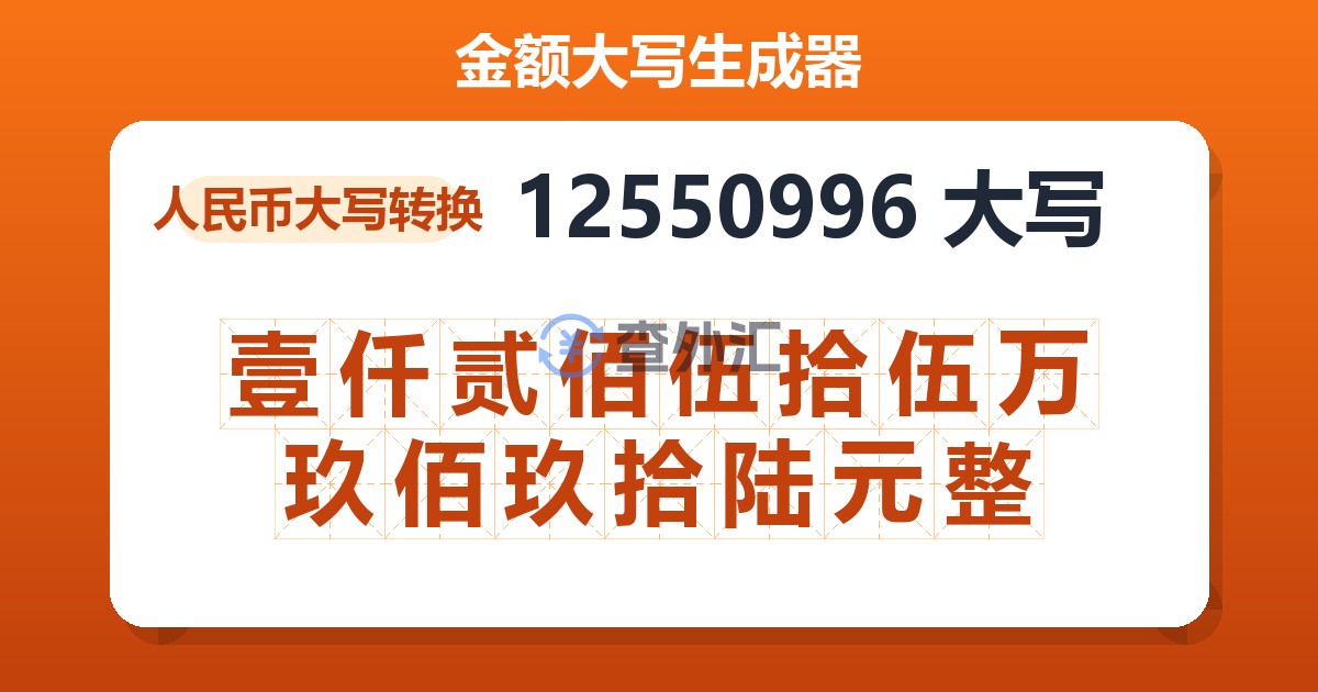 12550996大写 壹仟贰佰伍拾伍万玖佰玖拾陆元整