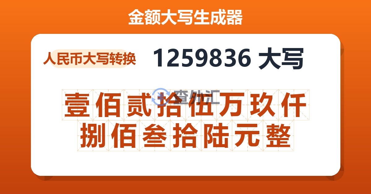1259836大写 壹佰贰拾伍万玖仟捌佰叁拾陆元整