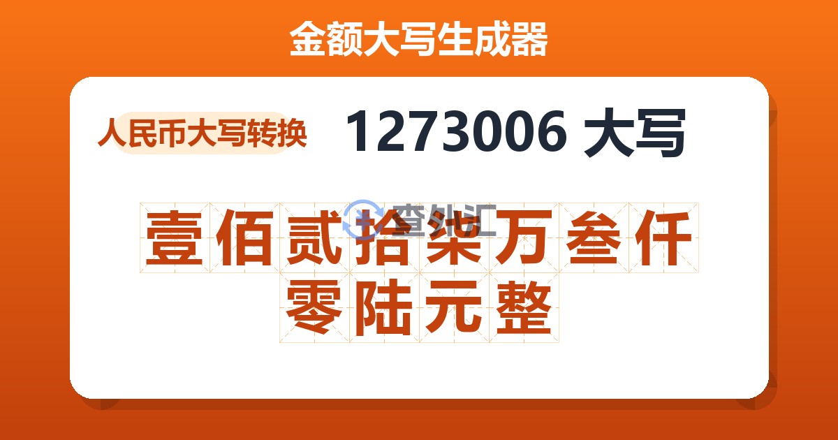 1273006大写 壹佰贰拾柒万叁仟零陆元整