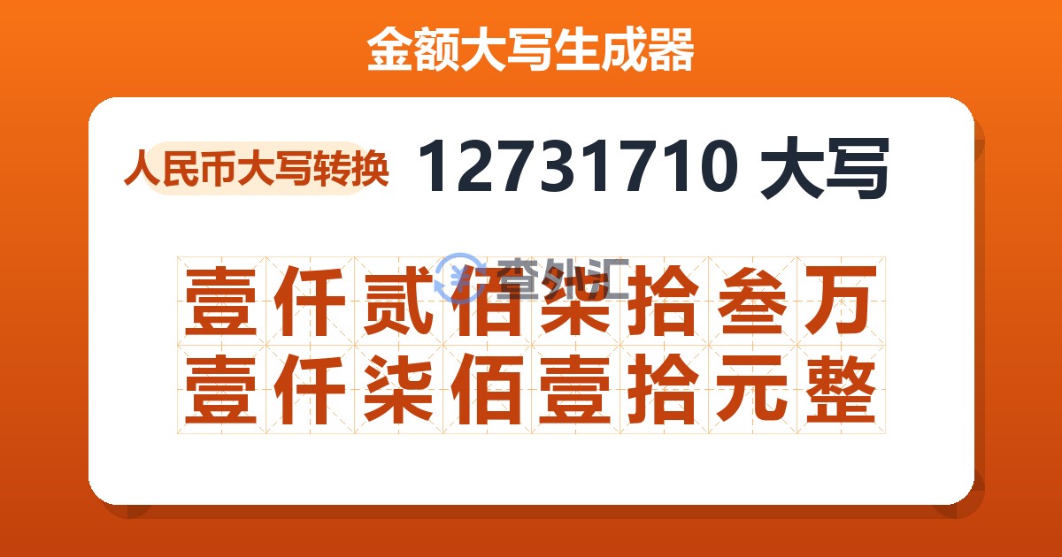 12731710大写 壹仟贰佰柒拾叁万壹仟柒佰壹拾元整