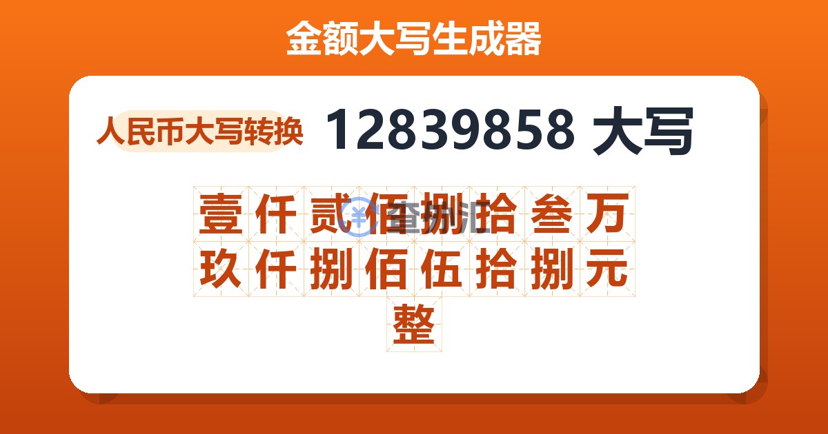 12839858大写 壹仟贰佰捌拾叁万玖仟捌佰伍拾捌元整