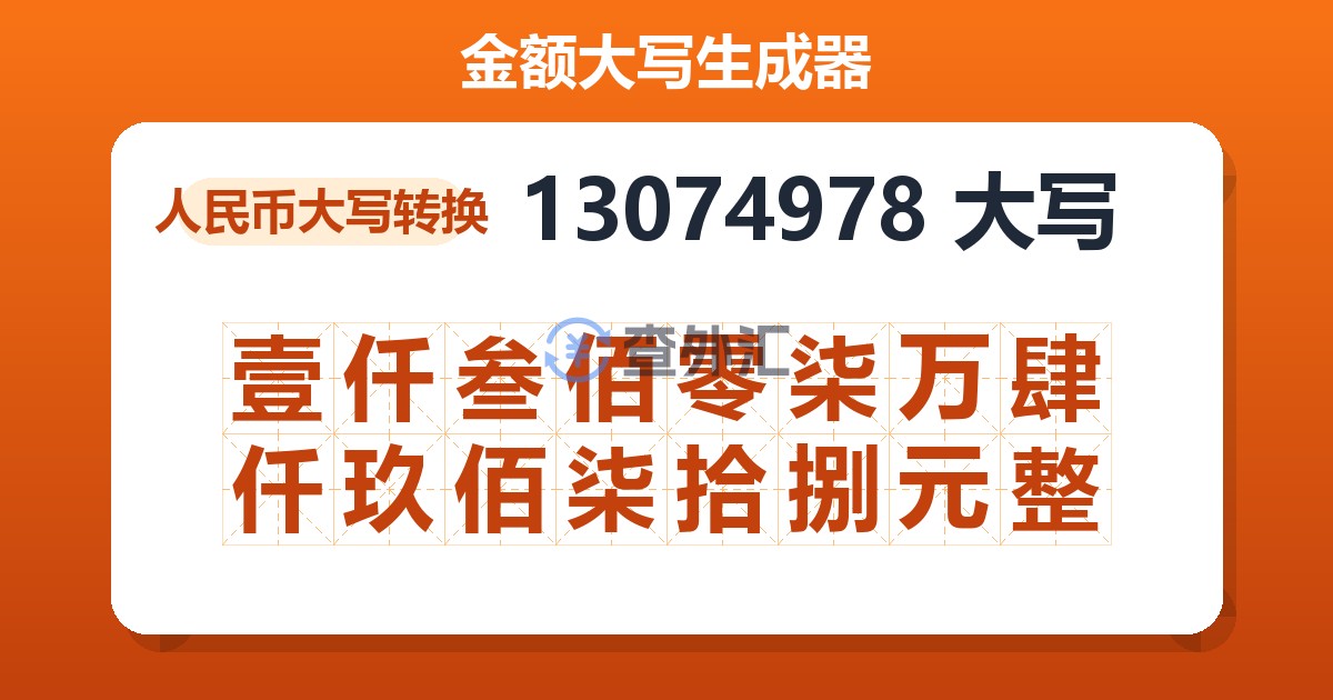 13074978大写 壹仟叁佰零柒万肆仟玖佰柒拾捌元整