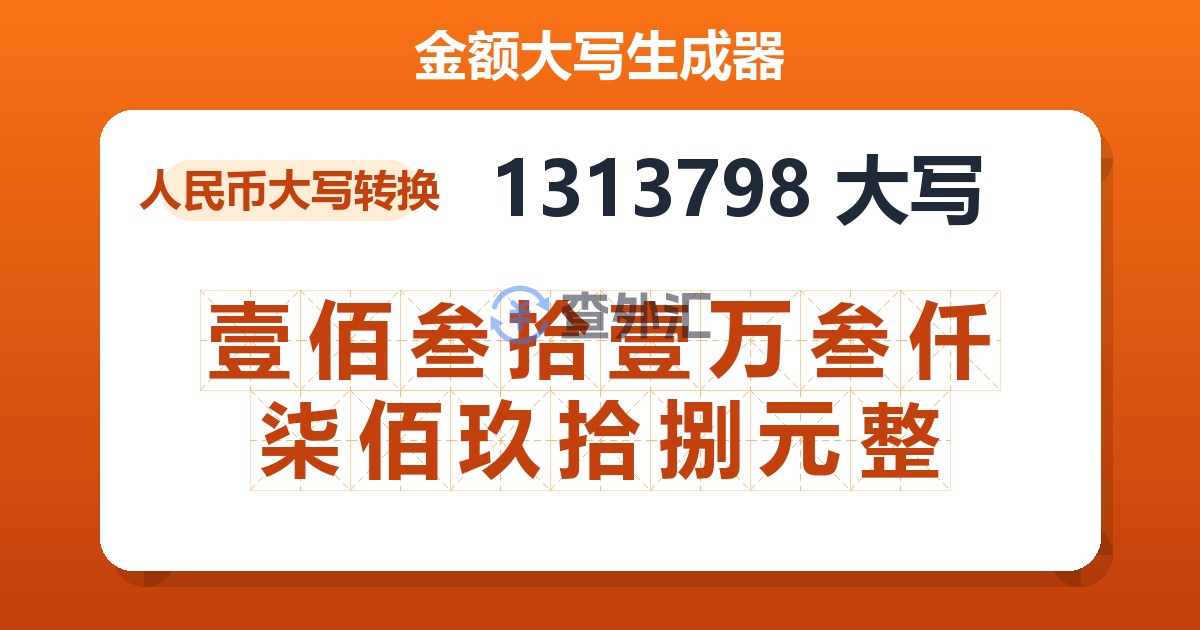 1313798大写 壹佰叁拾壹万叁仟柒佰玖拾捌元整