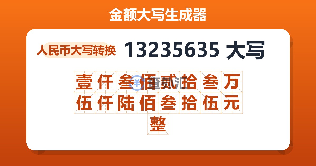 13235635大写 壹仟叁佰贰拾叁万伍仟陆佰叁拾伍元整