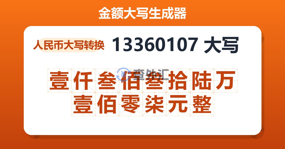 13360107大写 壹仟叁佰叁拾陆万壹佰零柒元整