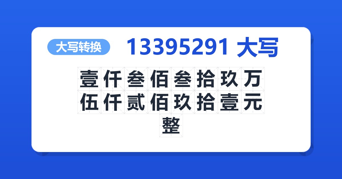 13395291大写 壹仟叁佰叁拾玖万伍仟贰佰玖拾壹元整