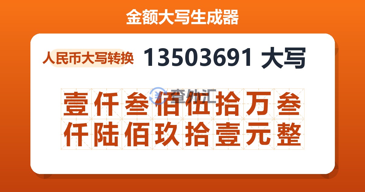 13503691大写 壹仟叁佰伍拾万叁仟陆佰玖拾壹元整