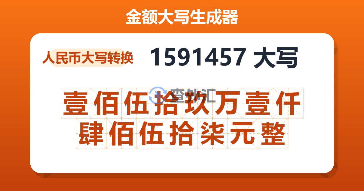 1591457大写 壹佰伍拾玖万壹仟肆佰伍拾柒元整