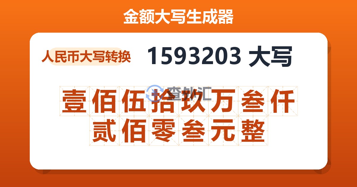 1593203大写 壹佰伍拾玖万叁仟贰佰零叁元整