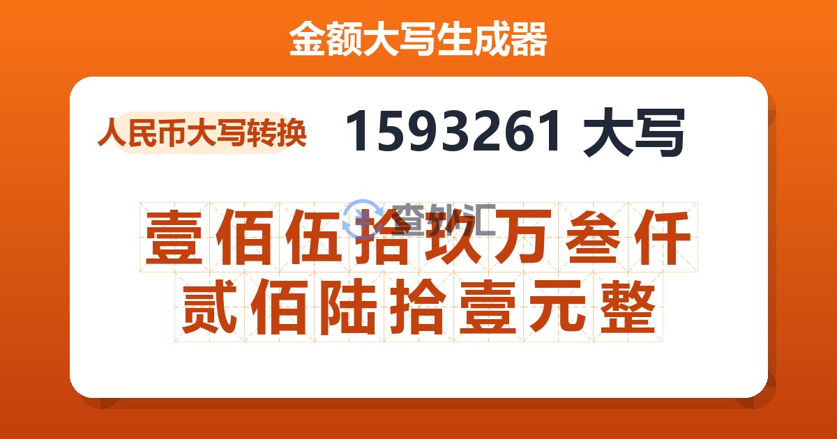 1593261大写 壹佰伍拾玖万叁仟贰佰陆拾壹元整